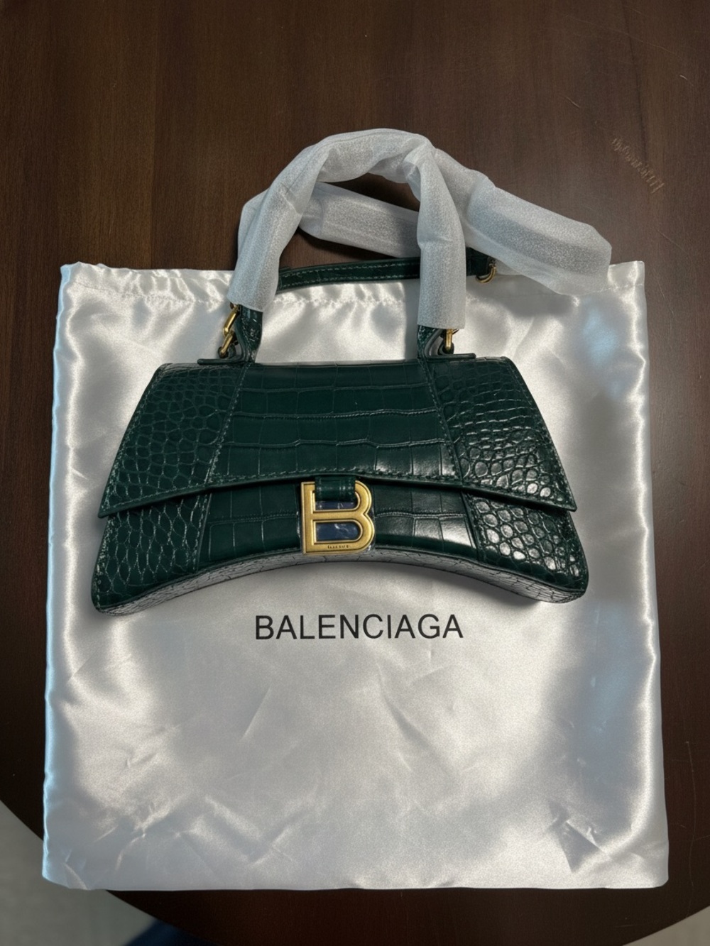 Balenciaga Green Croc-Embossed Hourglass Top-Handle Mini Bag with Gold 'B'